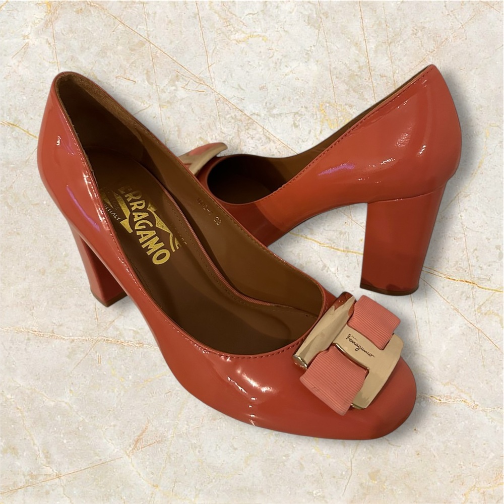 Salvatore Ferragamo Ninna Coral Patent Leather Bow Pump